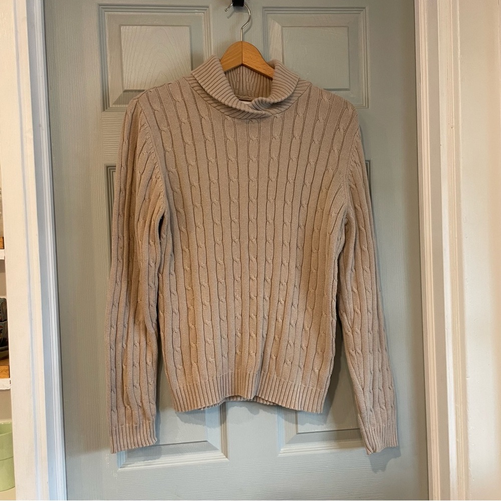 Liz & Co Women's XL 100% Cotton Cozy Cable Knit Cowl Neck Sweater Beige Neutral